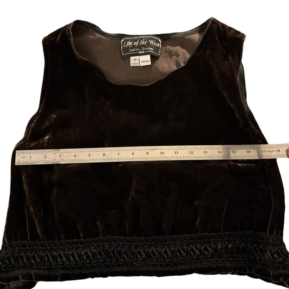 VTG 100% Silk Velvet Lace Trim Boho Y2K Crop Top Dark Brown Sleeveless Festival - Picture 6 of 10